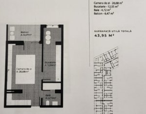Apartament cu o camera, bloc nou, 42,24 mp plus balcon, loc parcare, Gheorgheni